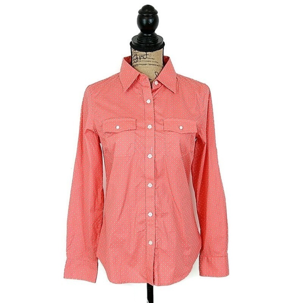 LL Bean Womens sz S Top Pink Polka Dot Button Up Long Sleeve Collared